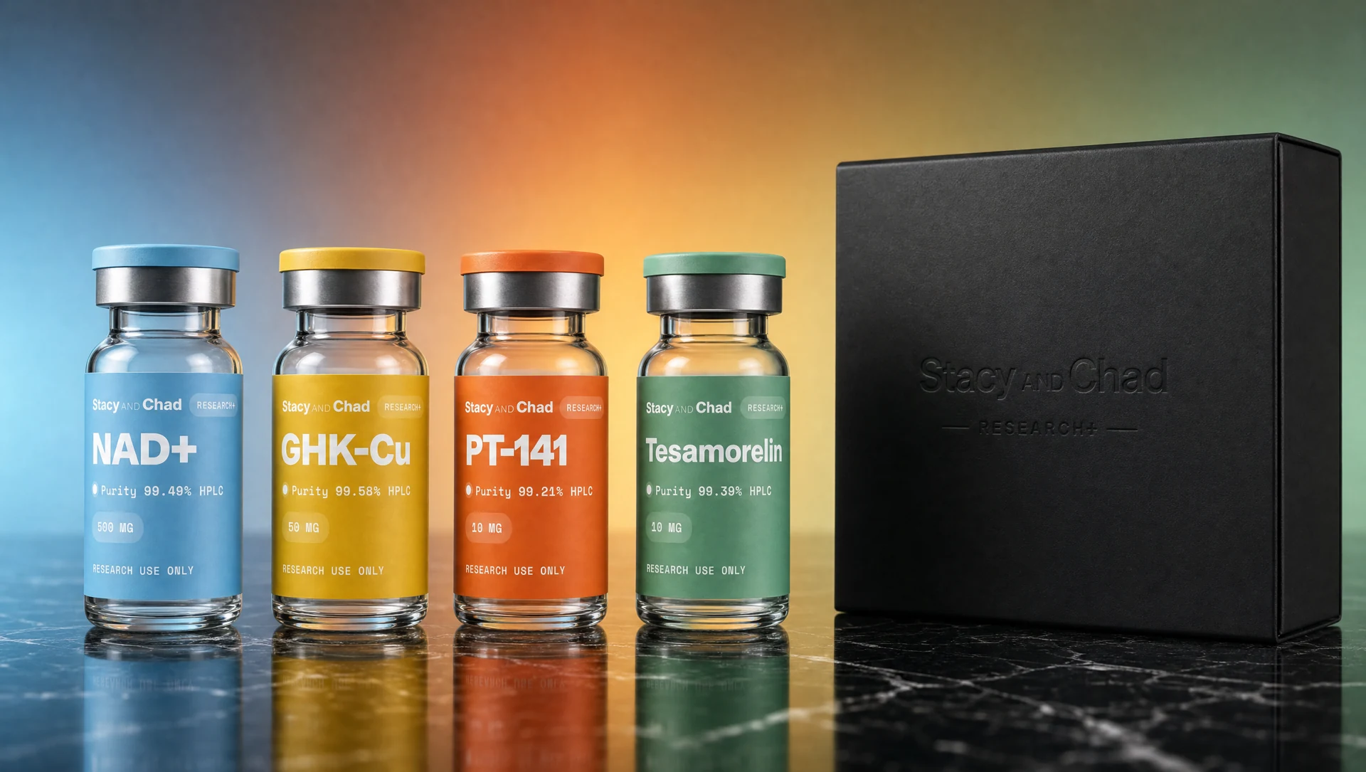 Stacy and Chad research reference-standard vials on black marble beside a premium branded box
